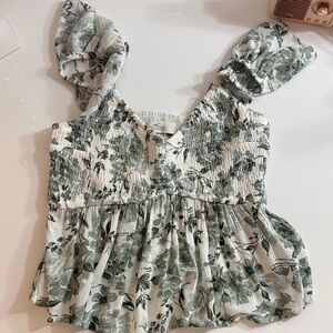 Hollister White and Green Floral Blouse